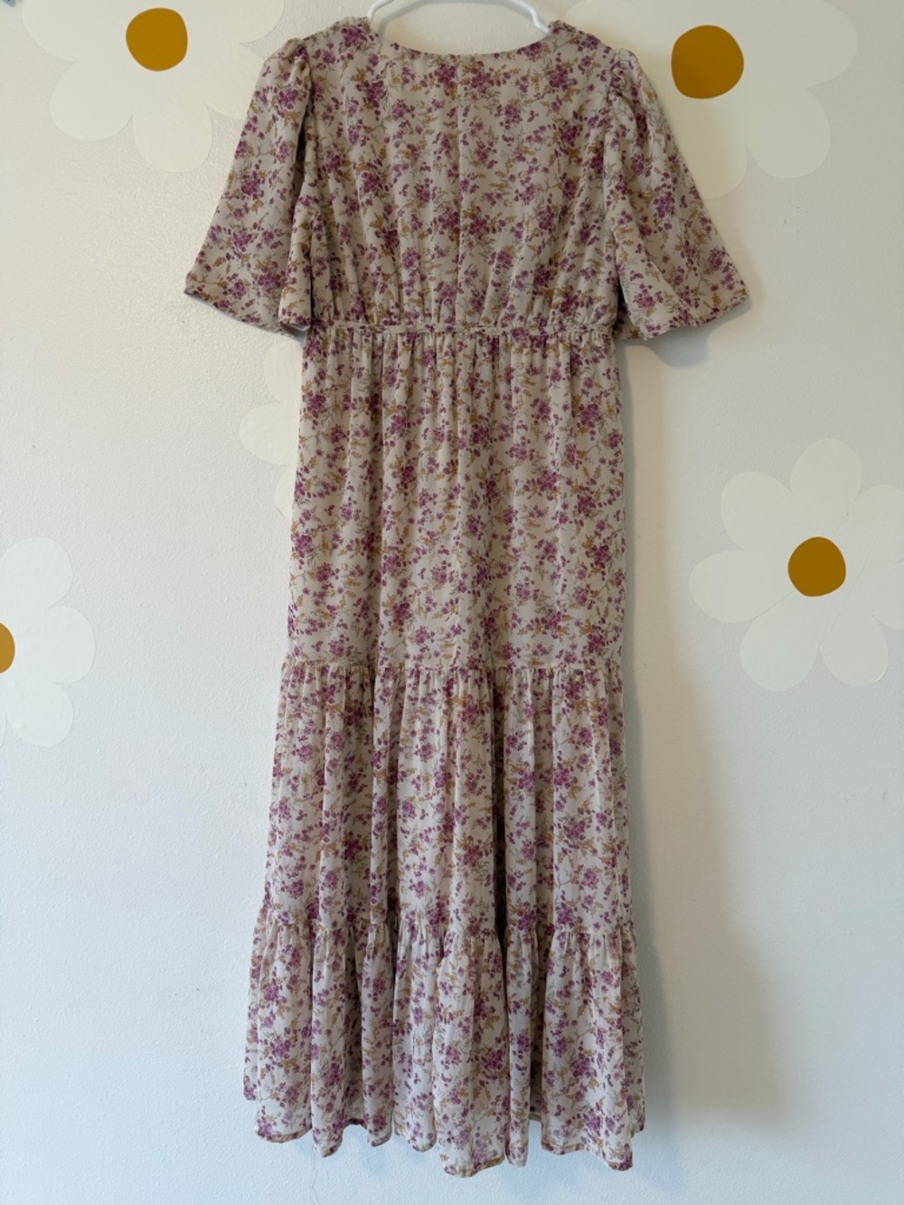 EUC Roolee Cream Midi Flutter Sleeve Tiered Dress with Pink Floral Print - Picture 8 of 14